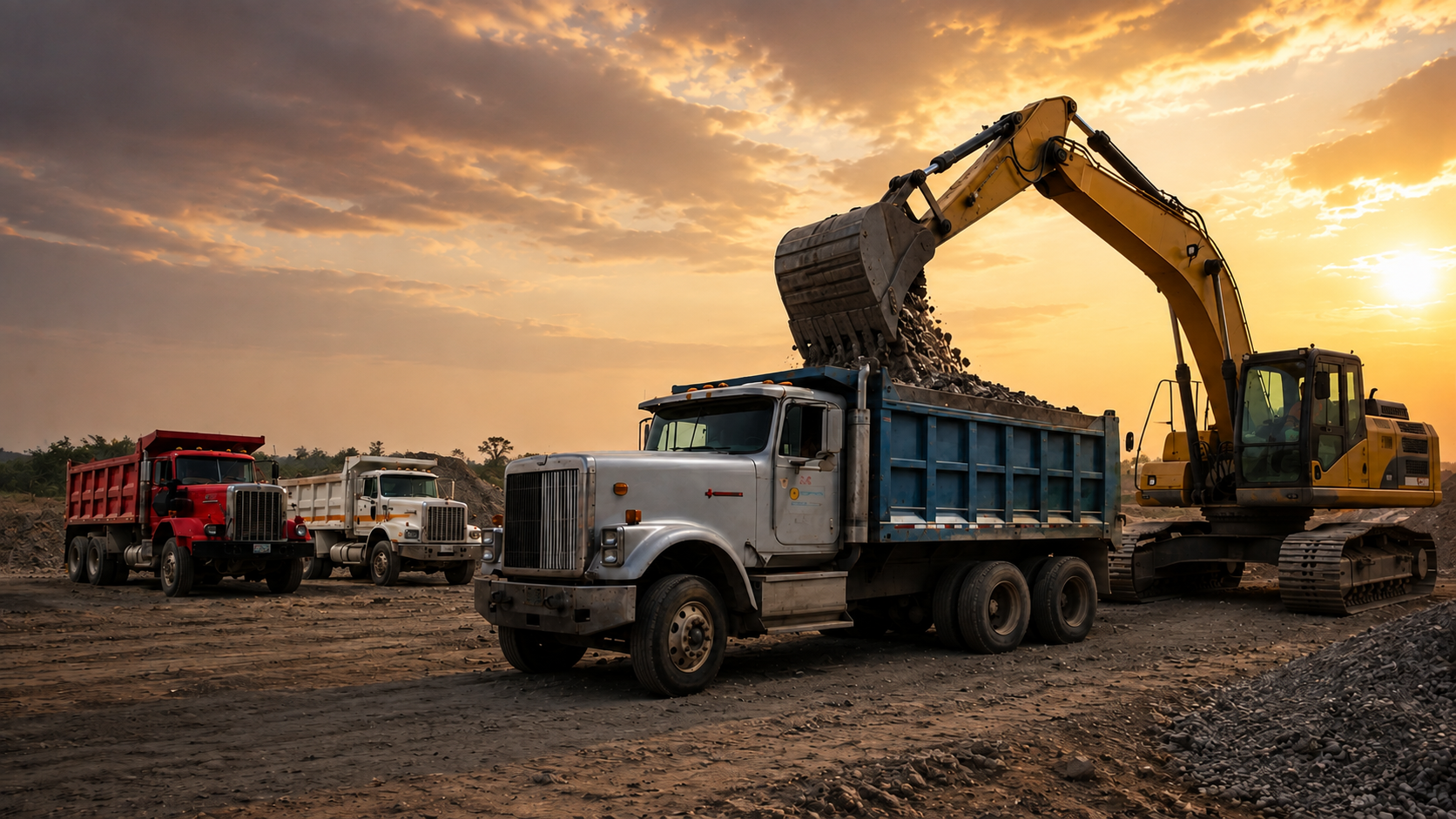 Camiones de volteo y excavadora trabajando con materiales para construcción