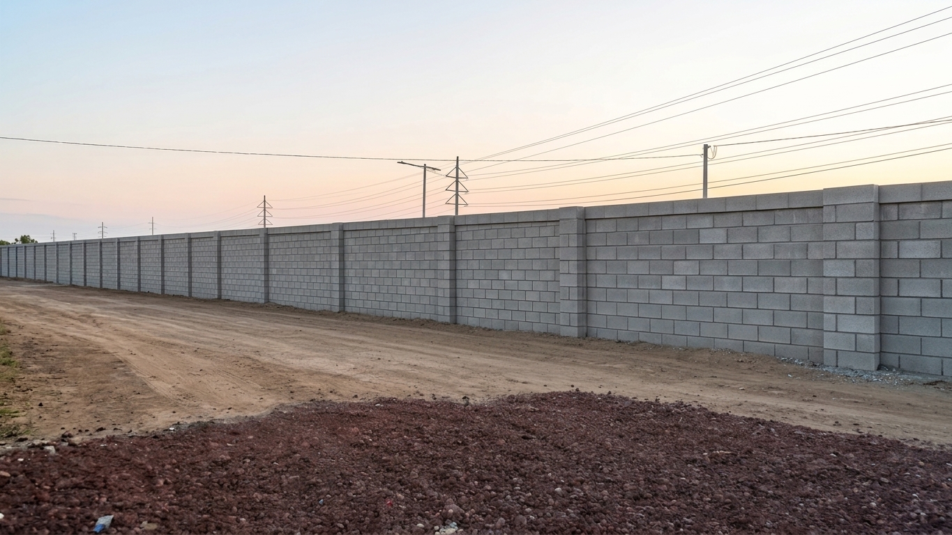 Muro de contención de bloques de concreto construido a lo largo de un terreno